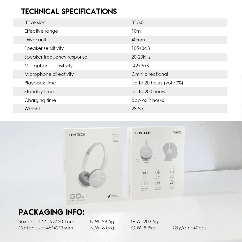 FANTECH WH02 GO AIR Bluetooth 5.0 Wireless Headphone - Image 4